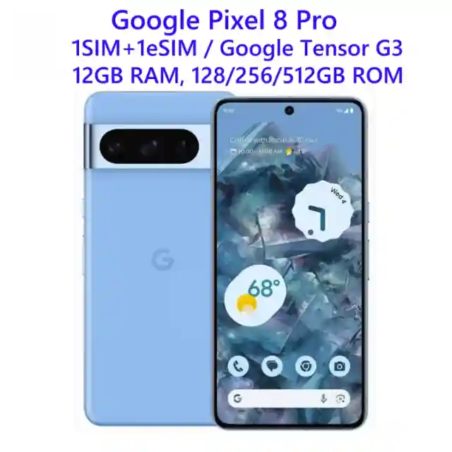 Google Pixel 8 Pro – 6.7" LTPO OLED, 12GB RAM, Tensor G3, 128/256/512GB, 5G, Face/Fingerprint, NFC, Unlocked Phone