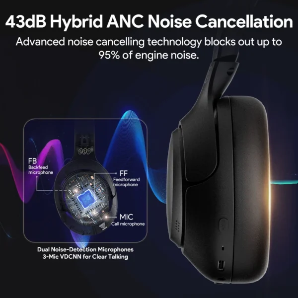 QCY H3 ANC Wireless Headphones Bluetooth 5.4 Hi-Res Audio Over Ear Headset 43dB Hybrid Active Noise Cancellation Earphones 60H - Image 4
